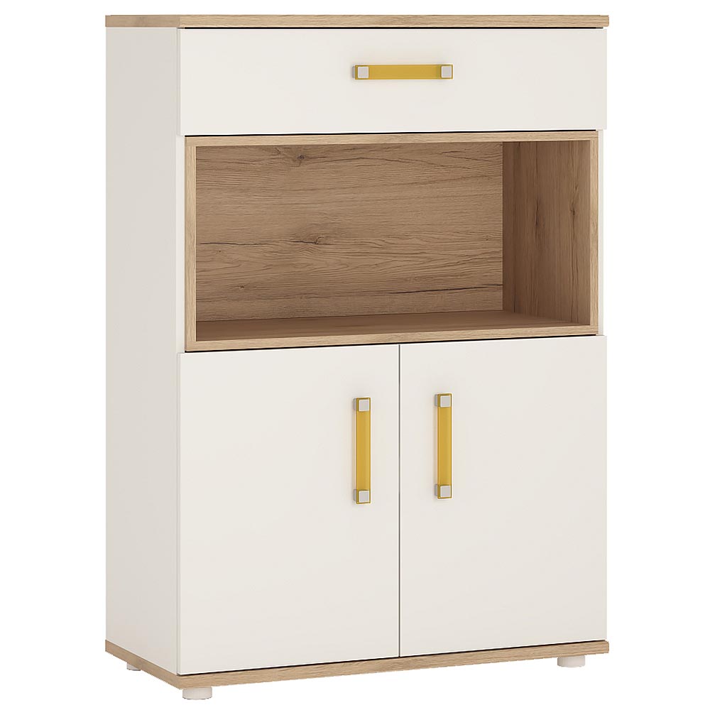 4KIDS 2 door 1 drawer cupboard with open shelf orange handles